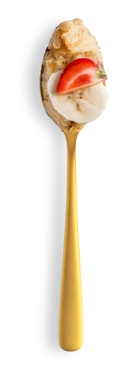 A spoonful of ChiChi topped with fresh fruit