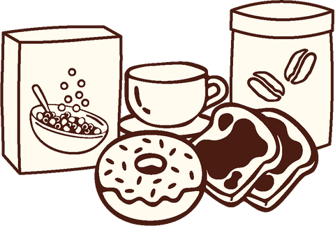 Illustration of typical breakfast foods that cause energy crashes
